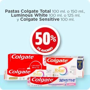 50% de ahorro pastas colgate, luminous white, colgate sensitive codigos participantes